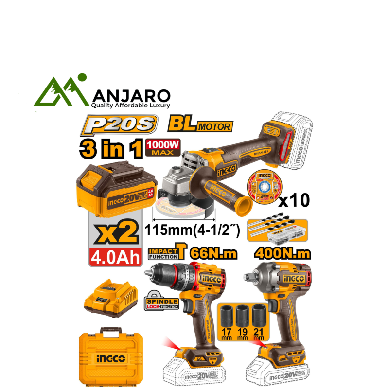 Ingco Cordless 3 Pcs Combo Kit – 20V COSLI241291