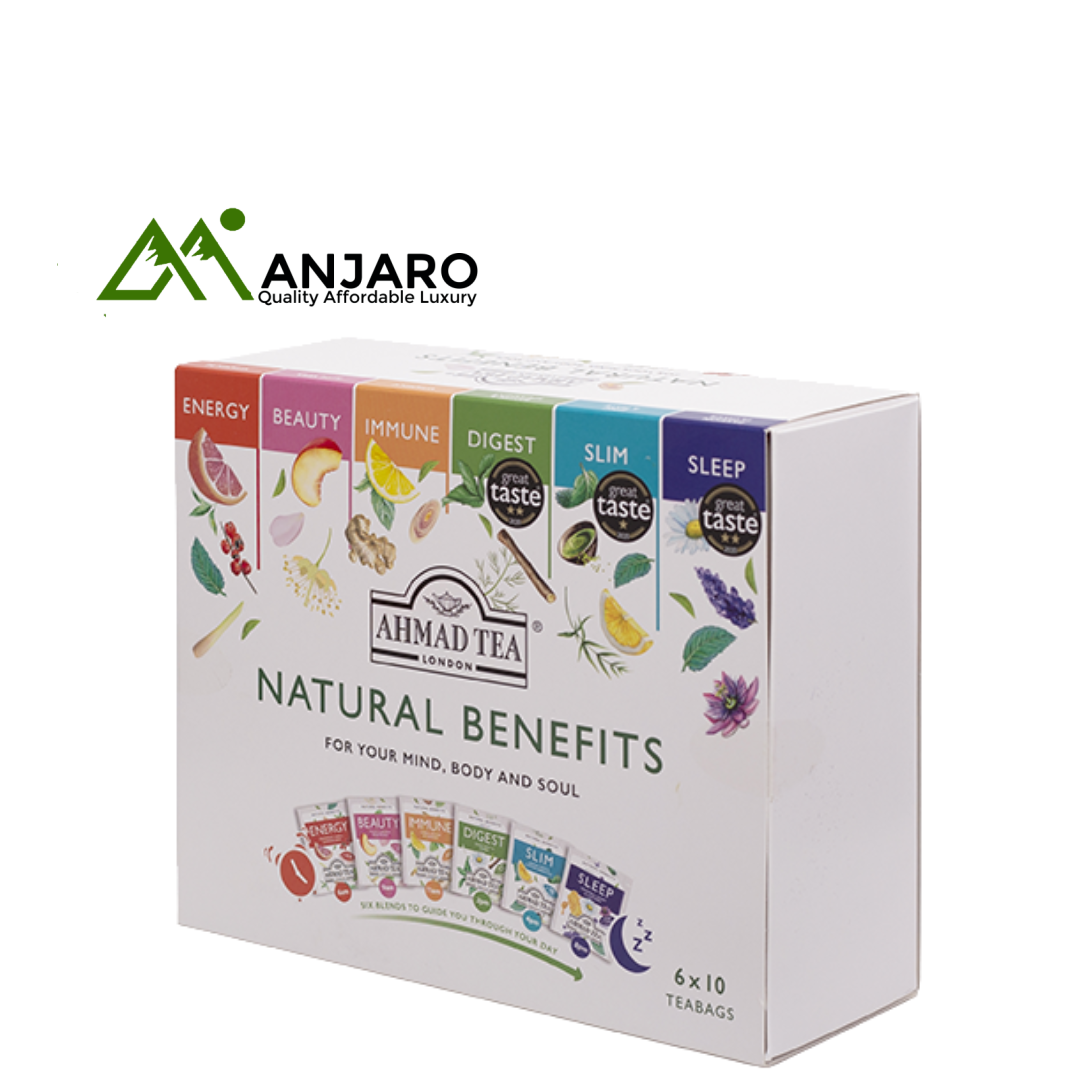 Ahmad Natural Benefits Tea Selection – 95g (60 Teabags) | 6 Herbal Blends for Energy, Sleep, Beauty & More