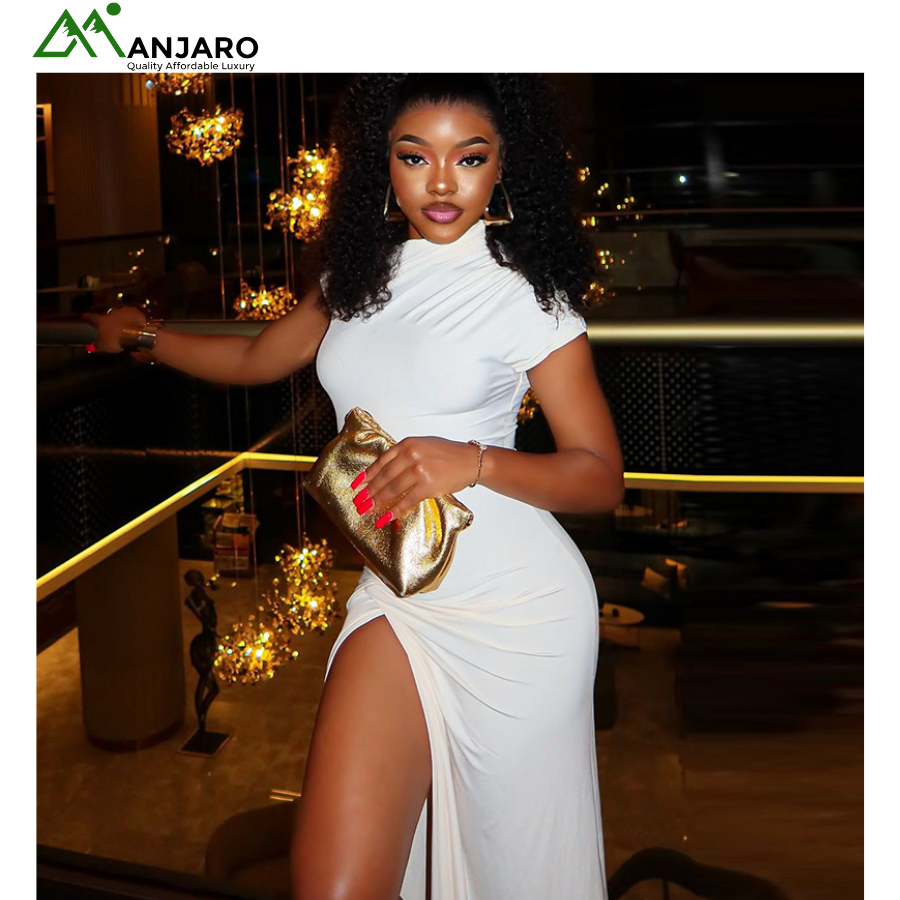 Women's Solid Color Asymmetrical Collar Slit Dress – Short Sleeves, Irregular Hem, High-Waisted Temperament Style(Shipping Fee Included)