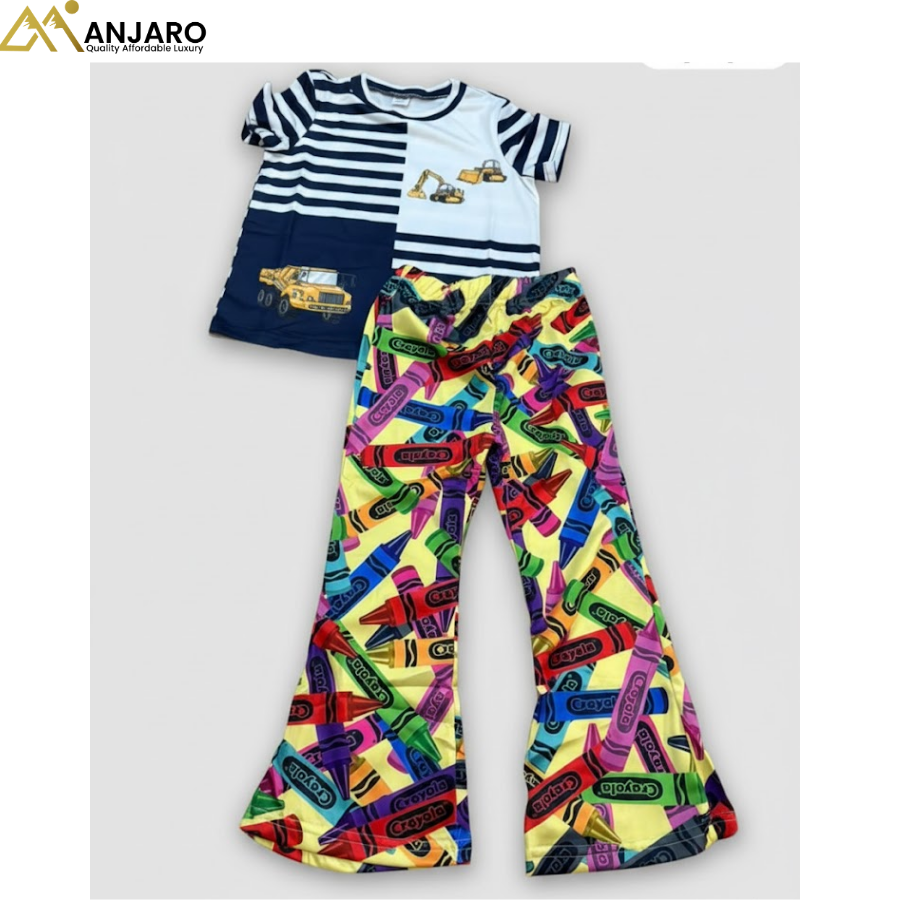 Girls Construction Stripe T-Shirt & Colorful Crayon Pants Set – 2 Piece Outfit (2–3–4 Years)