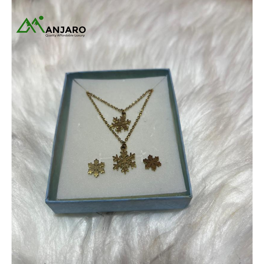 Gold-Tone Snowflake Necklace & Earring Set – Elegant Winter-Inspired Jewelry Duo for Women
