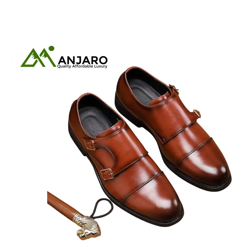 Men’s British Style Leather Dress Shoes – Retro Solid Color Business Formal Loafers with Thick Bottom & Buckle Strap