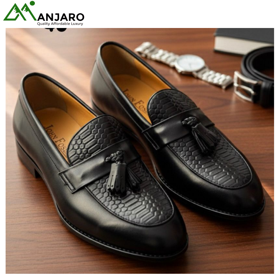John Foster Premium Black Tassel Loafers | Embossed Leather Slip-On Dress Shoes for Men