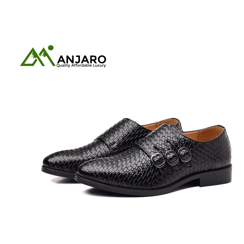Three-Button Ring English Style Polished PU Leather Men’s Monk Shoes – Lightweight Slip-On Dress Footwear