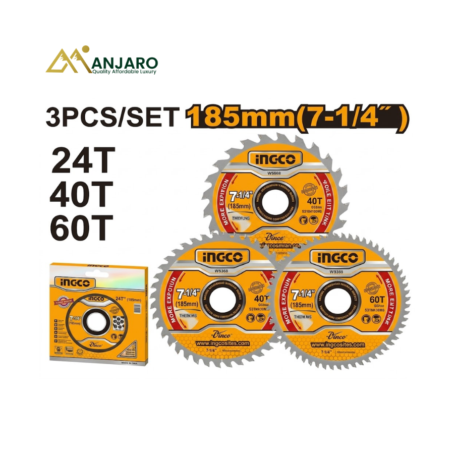 INGCO TSB51852153 TCT Saw Blade Set – 185mm (7-1/4") 3-Piece Wood Cutting Blade Kit (24T, 40T & 60T)
