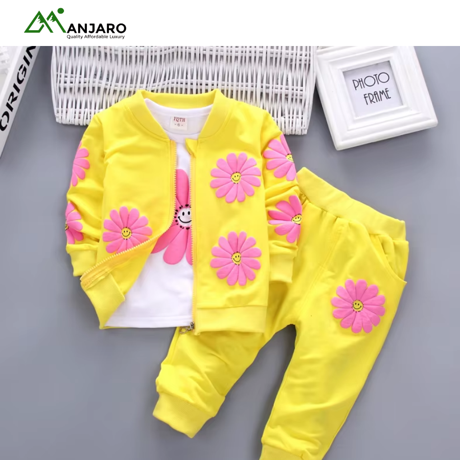 Baby Girls 3-Piece Spring Autumn Clothing Set – Floral Jacket, T-Shirt & Pants, Comfortable & Stylish(Shipping Fee Included)