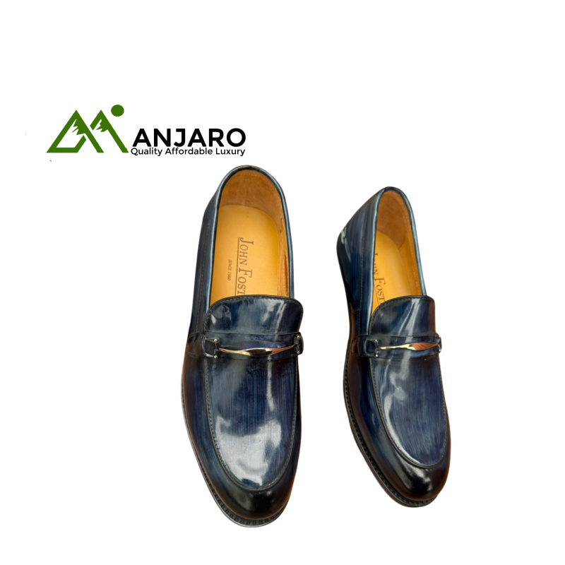 John Foster Men’s Luxury Leather Loafers – Classic Blue Gloss Finish | Elegant & Durable Slip-On Shoes