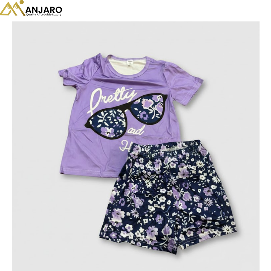 Girls Purple “Pretty” Sunglasses Print T-Shirt & Floral Shorts Set – 2 Piece Outfit (4–5–6 Years)