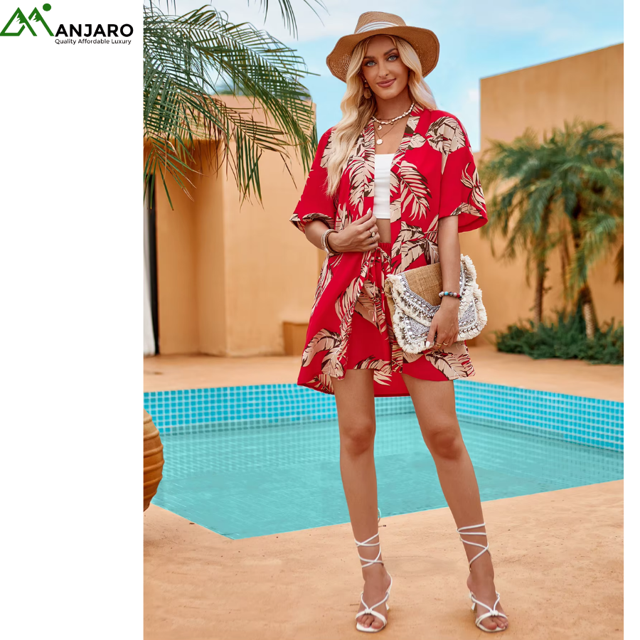 D&M Women’s Printed Cardigan & Shorts Vacation Suit Set – Loose Fit Satin Two-Piece | Quick-Dry, Waterproof, Summer Comfort(Shipping Fee Included)