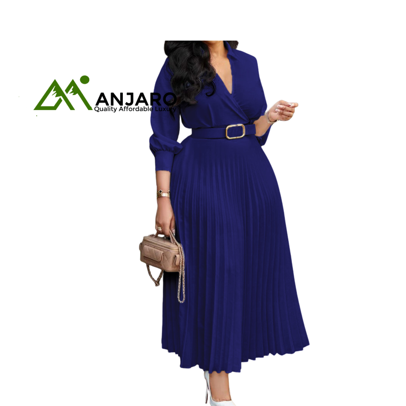 Solid Color Belted Plus Size Long Sleeve Midi Dress – Washable Polyester-Cotton Blend