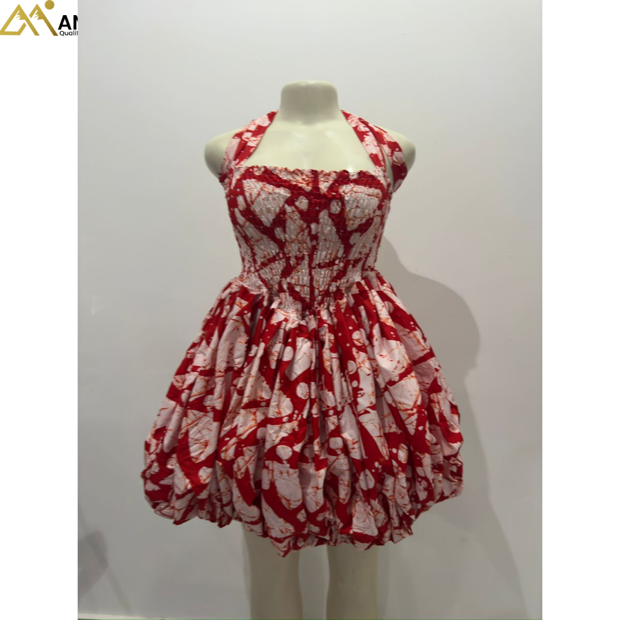 Bubble Hem Mini Dress – Red & White Marble