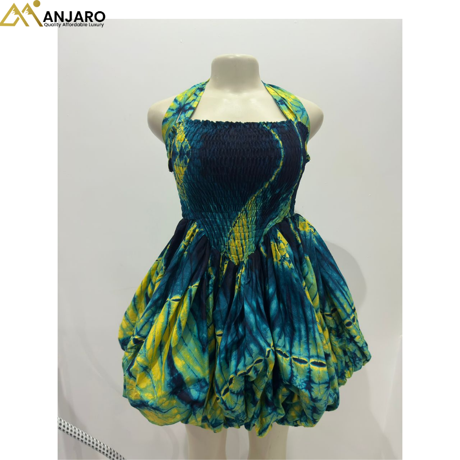 Bubble Hem Mini Dress – Teal & Yellow Tie-Dye