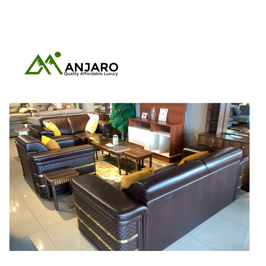 Executive Brown Leatherette 7-Seater Sofa Set with Quilted Detail & Gold Trim – Classic Luxury and Command Presence