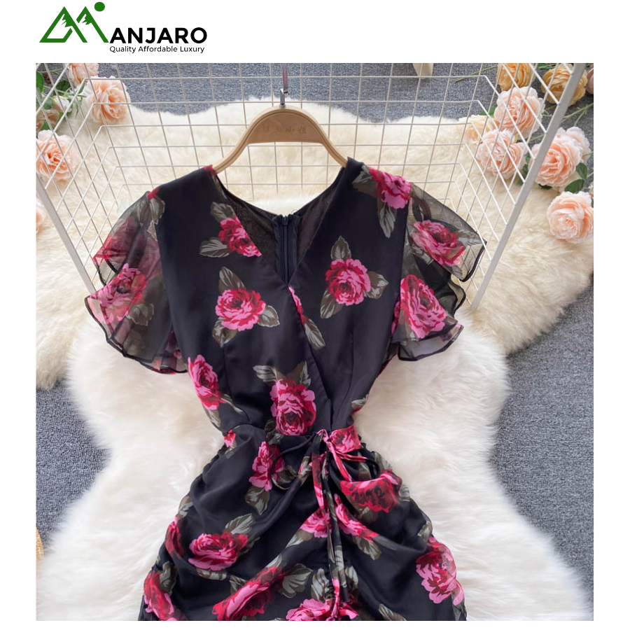 Light Luxury Chiffon Floral Ruffle Fishtail Dress – Elegant V-Neck Slimming High-Waisted Long Dress for Women(Shipping Fee Included)