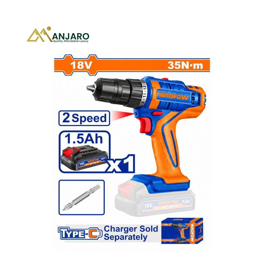 WADFOW Cordless Drill – 18V, 35Nm Max Torque, USB Type-C Charging, 0.8–10mm Chuck WCDP1825