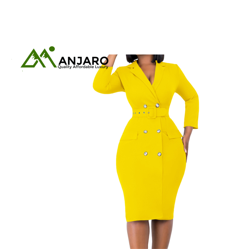 V-Neck Long-Sleeve Double-Breasted Office Suit Mini Dress – Formal Yet Casual Elegance