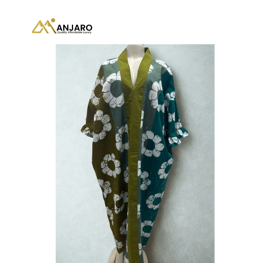 African Print Kaftan Dress 100% Cotton– Green & Olive Floral, Breathable Loose Fit Comfort Wear