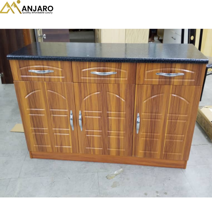 Modern 3-Door Kitchen Sideboard and Storage Cabinet with Granite-Style Top