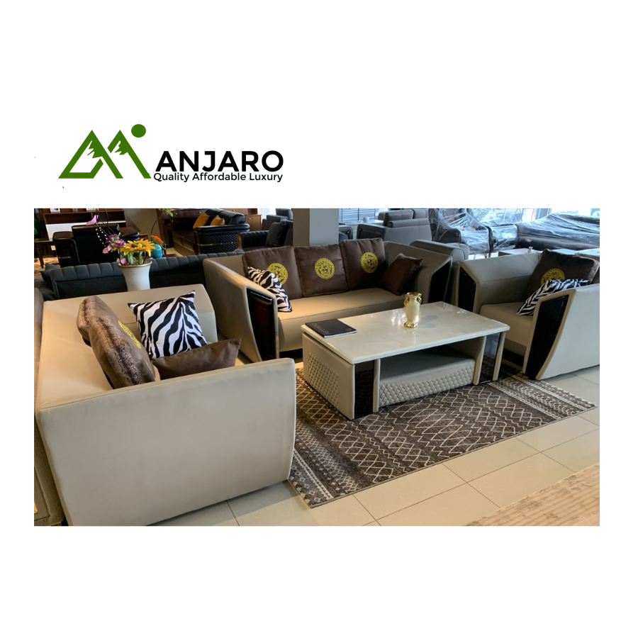 Signature Serenity Premium Sofa Set & Marble-Look Coffee Table - Beige/Taupe Leatherette & Wood Accents