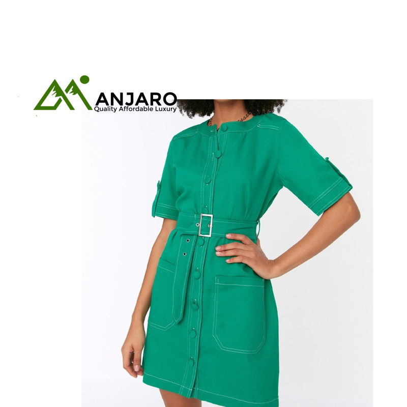 Green Belted Sewing Detail Mini Dress – 100% Cotton Gabardine