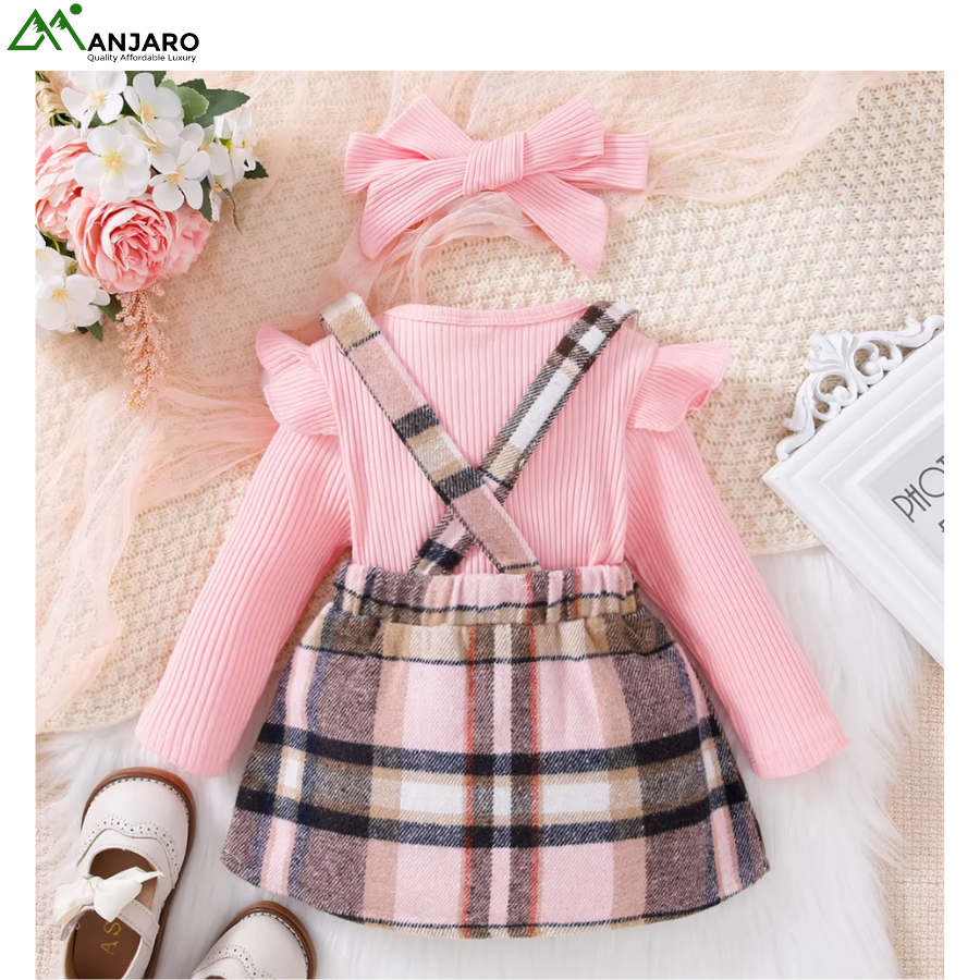 Spring & Autumn Knitted Top + Checkered Skirt Set for Girls – Formal 2-Piece Outfit | Breathable Cotton-Poly, Stylish & Comfortable(Shipping Fee Included)