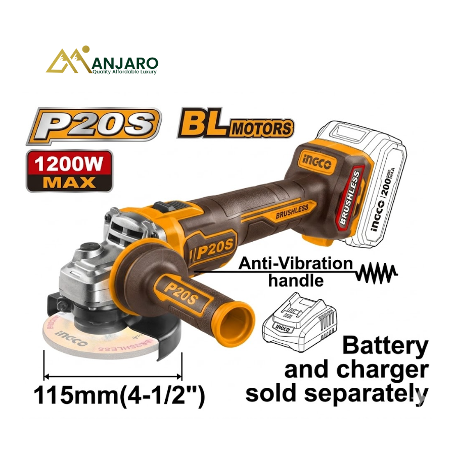 INGCO CAGLI212025 20V Brushless Cordless Angle Grinder – 125mm Professional Grinding & Cutting Tool Kit