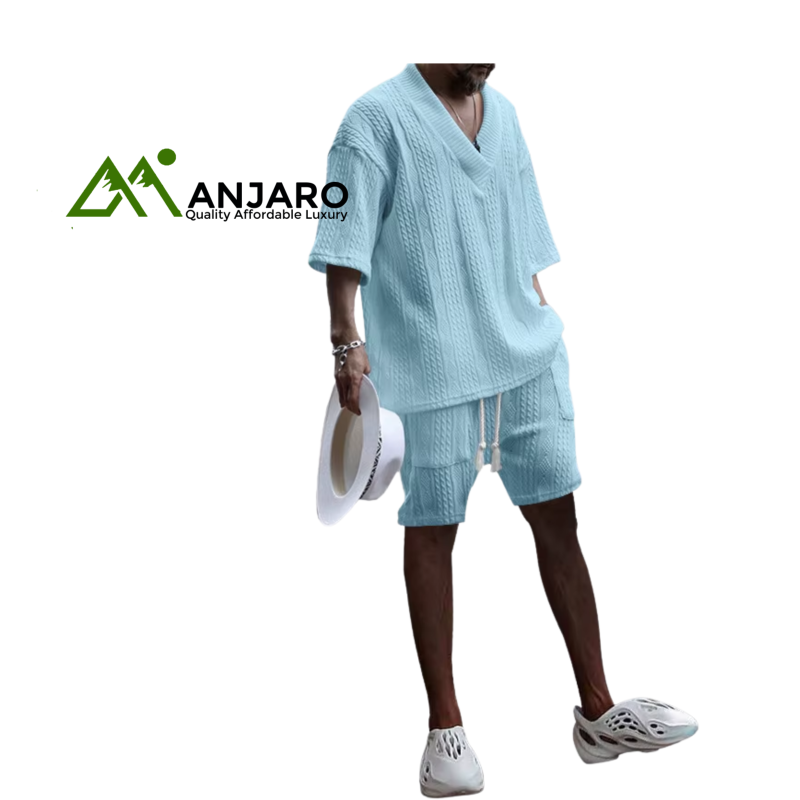 Jacquard Men’s Casual Two-Piece Set – Loose Fit V-Neck Short Sleeve T-Shirt & Shorts Tracksuit