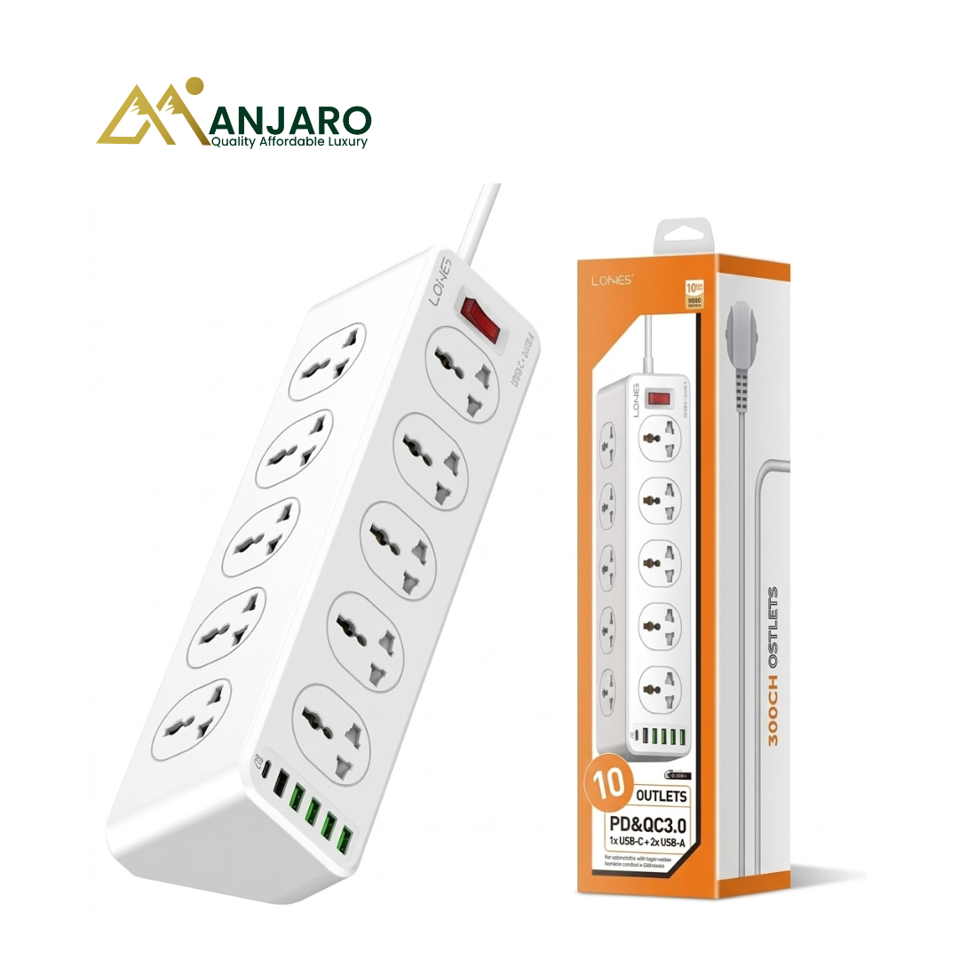 LDNIO 10-Outlets Power Socket – 5 USB-A, 1 USB-C PD Fast Charging, 2m Cable & Overload Protection