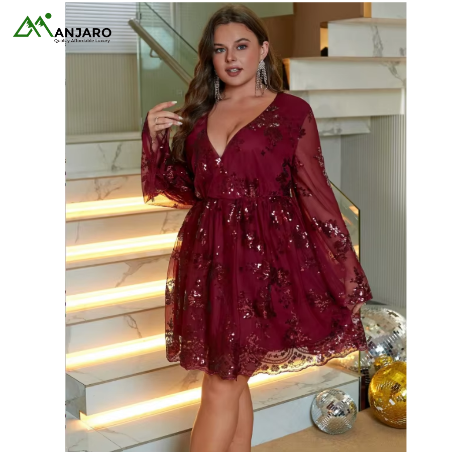 D&M Plus-Size Flounce Sleeve Knee-Length Floral Embroidery Sequin Dress – Elegant Casual Party Dress