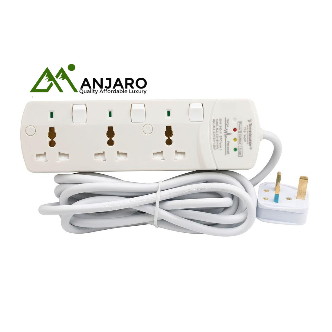 Terminator TPB 3ASP – 3-Way Universal Power Extension Socket with Surge Protection, Switches, Indicators & 3M Cable