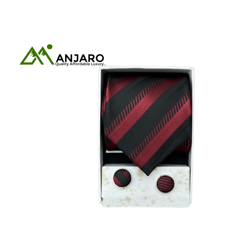 Classic Power Tie Set - Red & Black Diagonal Stripe Necktie, Solid Burgundy Tie & Matching Cufflinks - Bold Professional 3-in-1 Gift