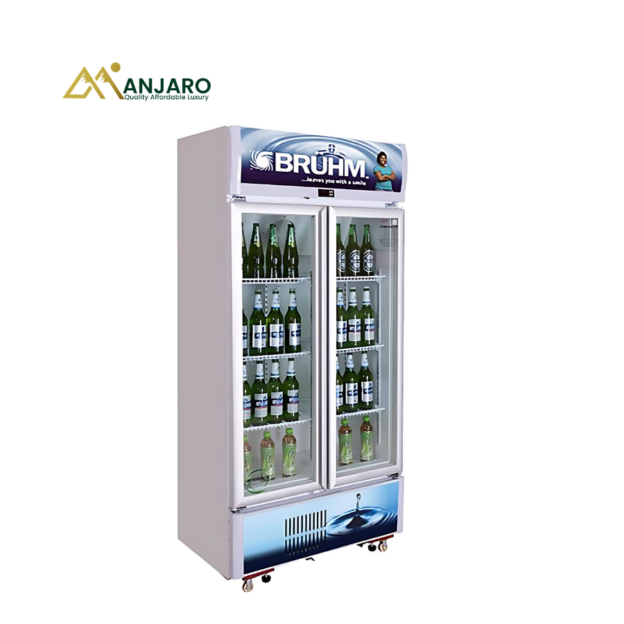 BRUHM Beverage Cooler– 409L, Double Door, Dual-Layer Tempered Glass, Mechanical Temperature Control with Digital Display, Interior LED Lighting, Adjustable Shelves, Security Lock & Key      BBD-409M