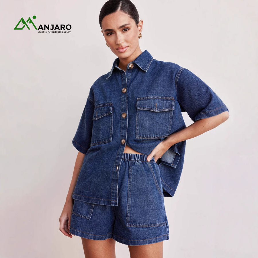 D&M Women’s Retro Loose Short Sleeve Denim Shirt & Shorts Set – Breathable Summer Two-Piece Outfit | Comfortable, Stylish, Windproof(Shipping Fee Included)