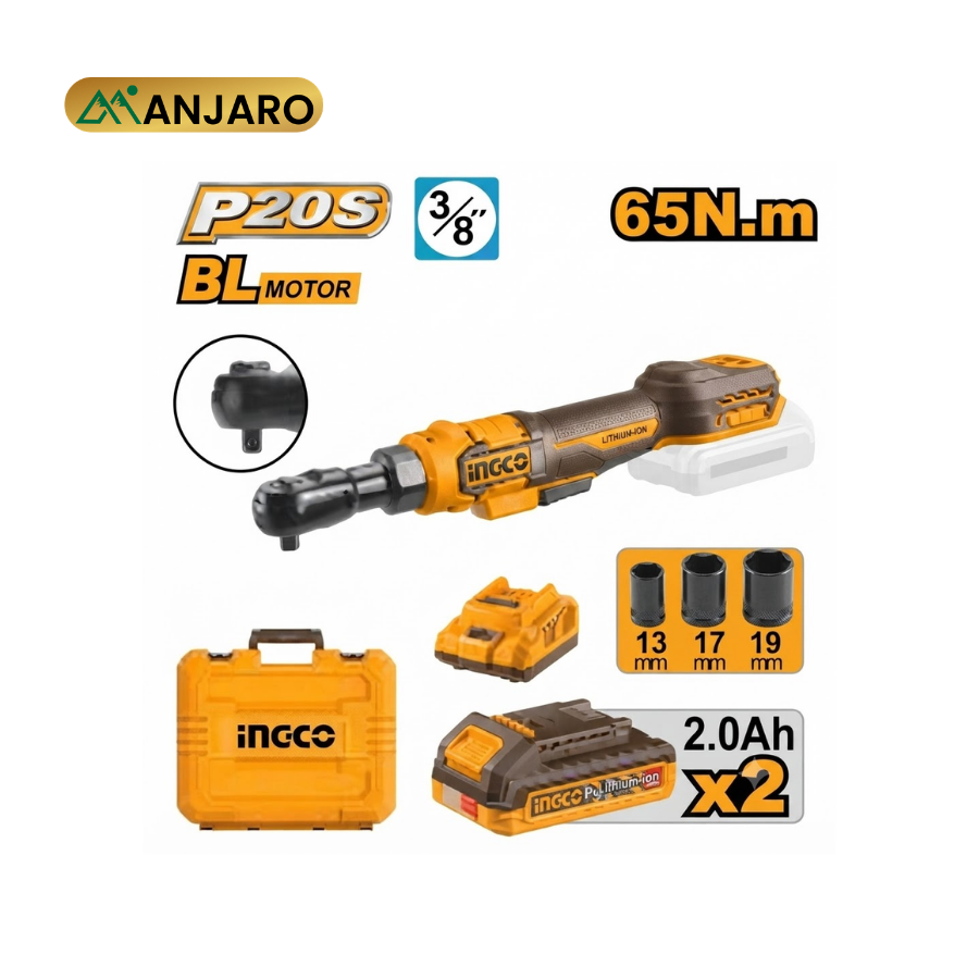 Ingco 20V Cordless Drive Ratchet 3/8" 65Nm with 2 Batteries, Charger & Socket Set CDRLI20652