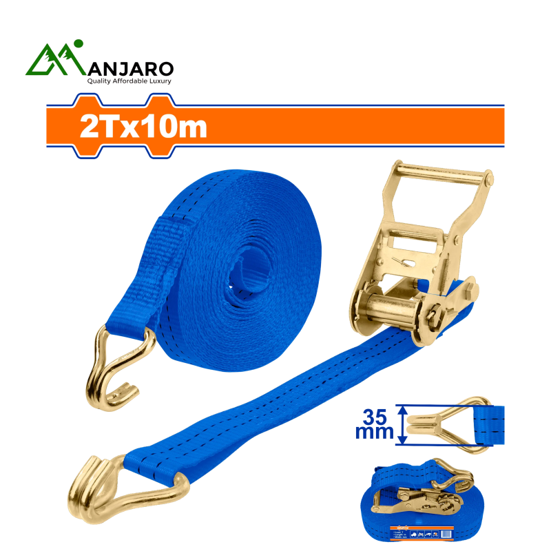 WRT13210 Ratchet straps Load: 2T Length: 10m Width: 35mm Ribbon material: PES With ratchet and double J hooks Packed by label