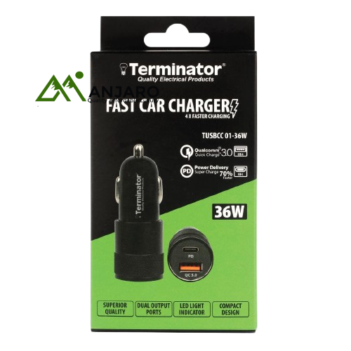 Terminator USB Car Charger TUSBCC 01-36W – Dual Port 36W Fast Charger (USB-A QC3.0 & USB-C PD) with Blue LED