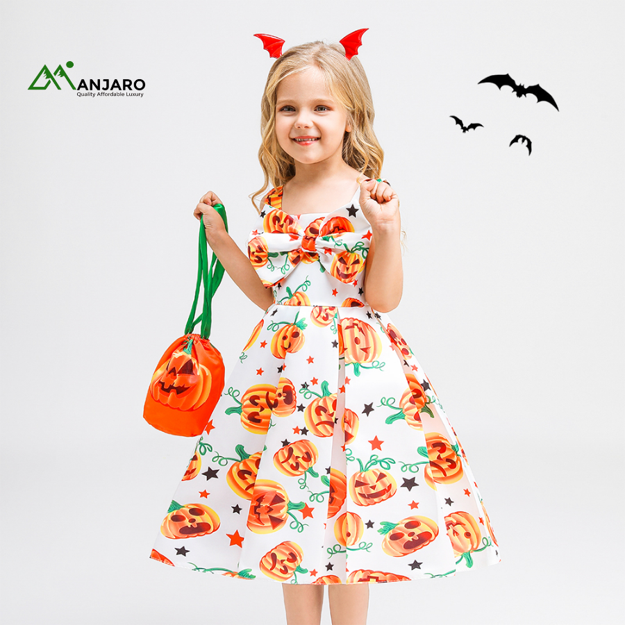 Girls Satin Floral Cartoon Party Dress with Free Bag | Summer Knee-Length Ball Gown(Shipping Fee Included)