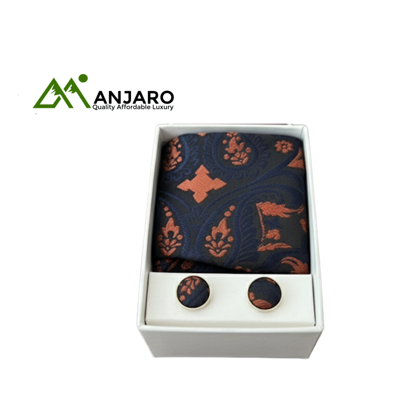 Elegant Navy & Orange Paisley Tie Set - Dynamic Patterned Pocket Square, Solid Burgundy Tie & Matching Cufflinks - Sophisticated 3-in-1 Gift