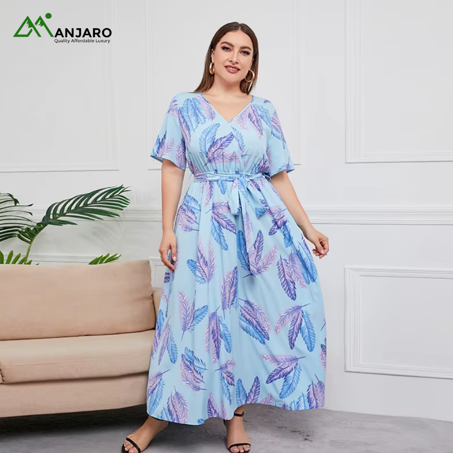 D&M Plus-Size Chiffon Maxi Dress – Floral Print A-Line Casual Dress with Adjustable Belt(Shipping Fee Included)