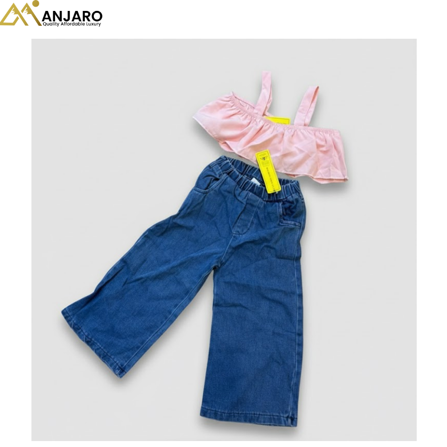 Girls Ruffle Strap Top & Wide Leg Denim Set – 1–2 Years