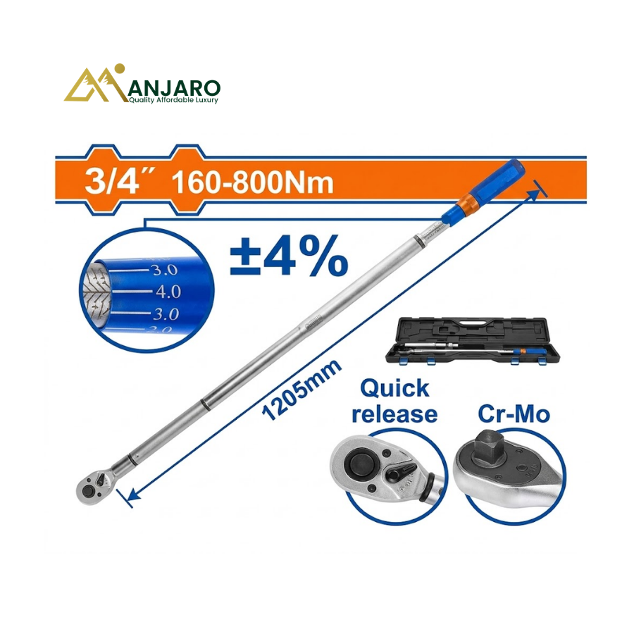 WADFOW WWQ8D32 Preset Torque Wrench 3/4" Drive | 160-800Nm Professional Heavy-Duty Torque Tool