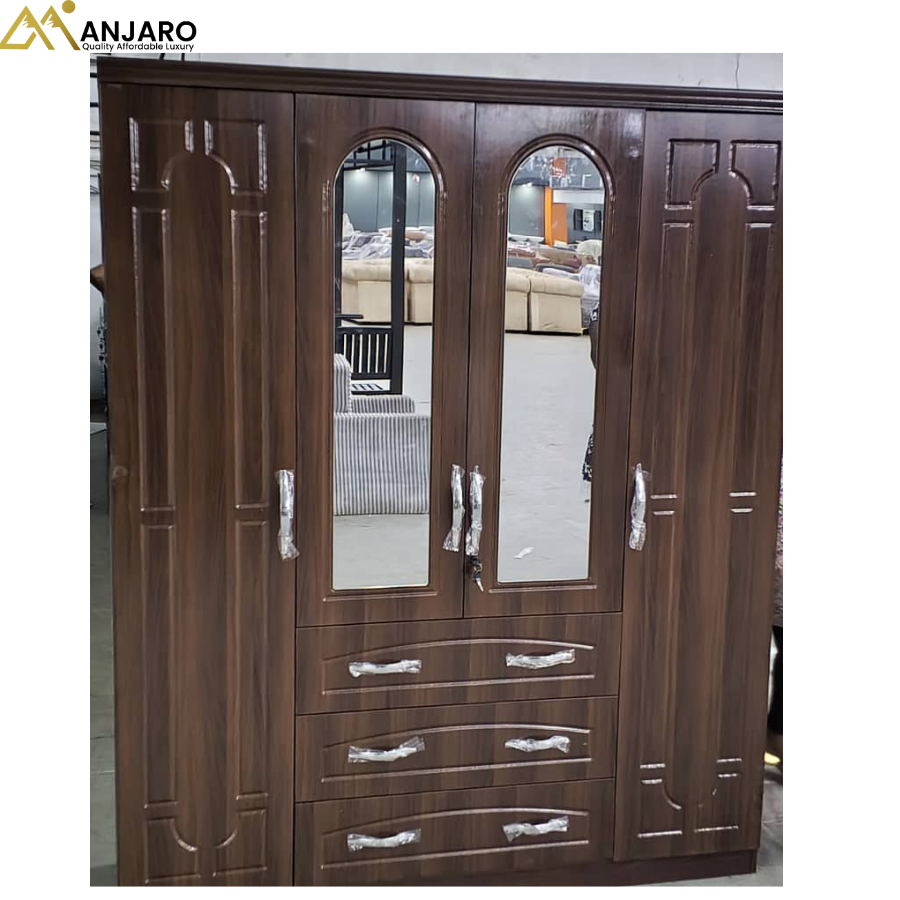 Deluxe Walnut 4-Door Wardrobe with Arch-Top Mirrors and Triple Wide Drawers