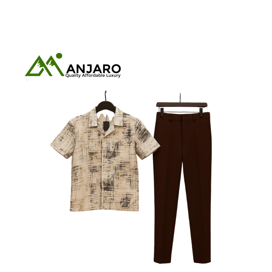 Men’s Printed Short-Sleeve Shirt with Brown Tailored Pants – Two-Piece Casual Smart Outfit