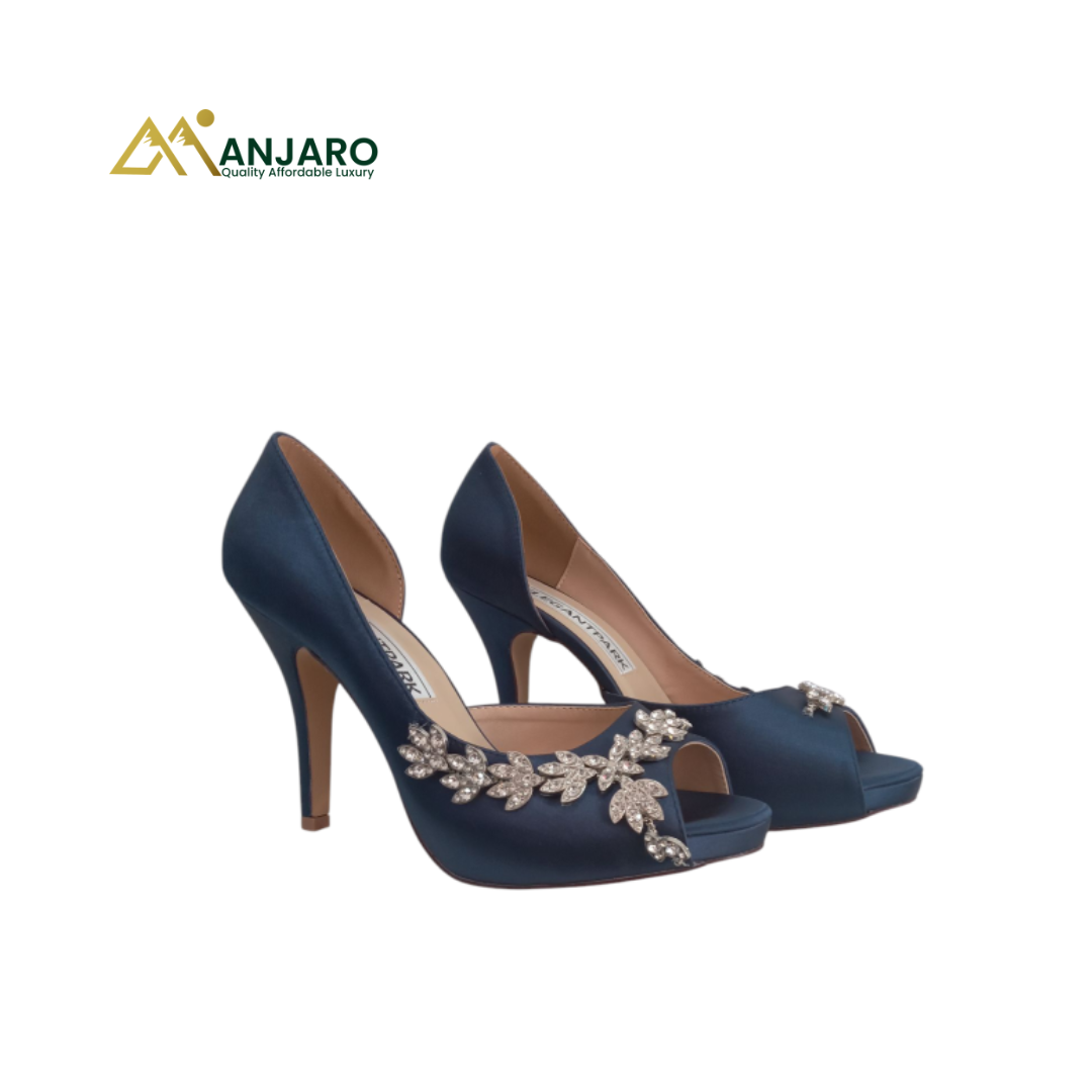 Deep Blue Satin Peep-Toe Heels with Crystal Leaf Detail