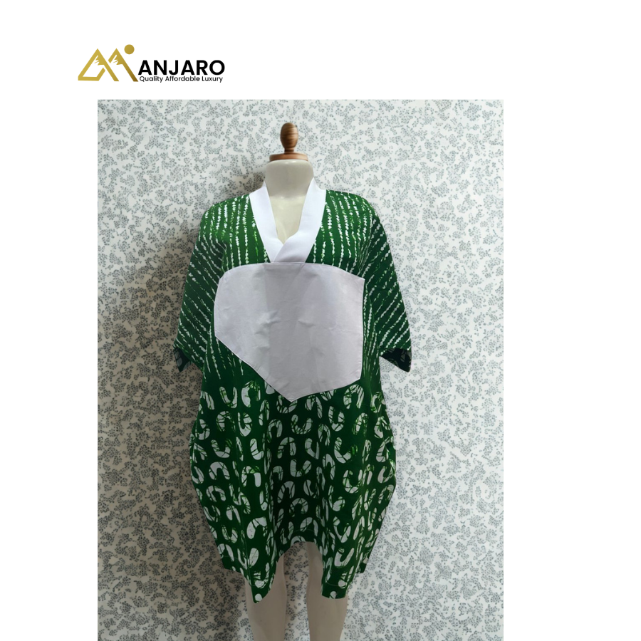 Women’s African Print Boubou Dress – Free Size | Green & White Ankara Design, Breathable Comfortable Fit