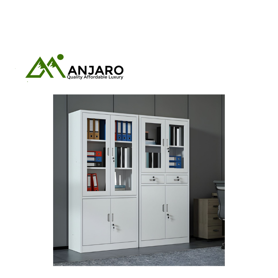 GF-G008 Modern White Metal Cabinet Set (2 Units) with Glass Doors, Drawers & Lockable Storage – Dynamic Organization