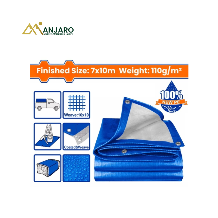 Wadfow Heavy Duty PE Tarp – Waterproof Polyethylene Sheet 7m × 10m – 110gsm Reinforced Cover with Aluminium Grommets WTQ1170
