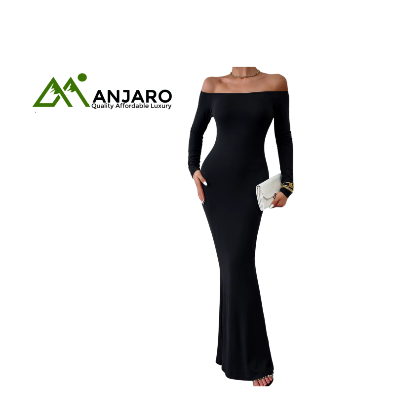 D&M Off-Shoulder Long Sleeve Midi Dress – Autumn/Winter Elegant Slim Fit (Plus Size, Satin)