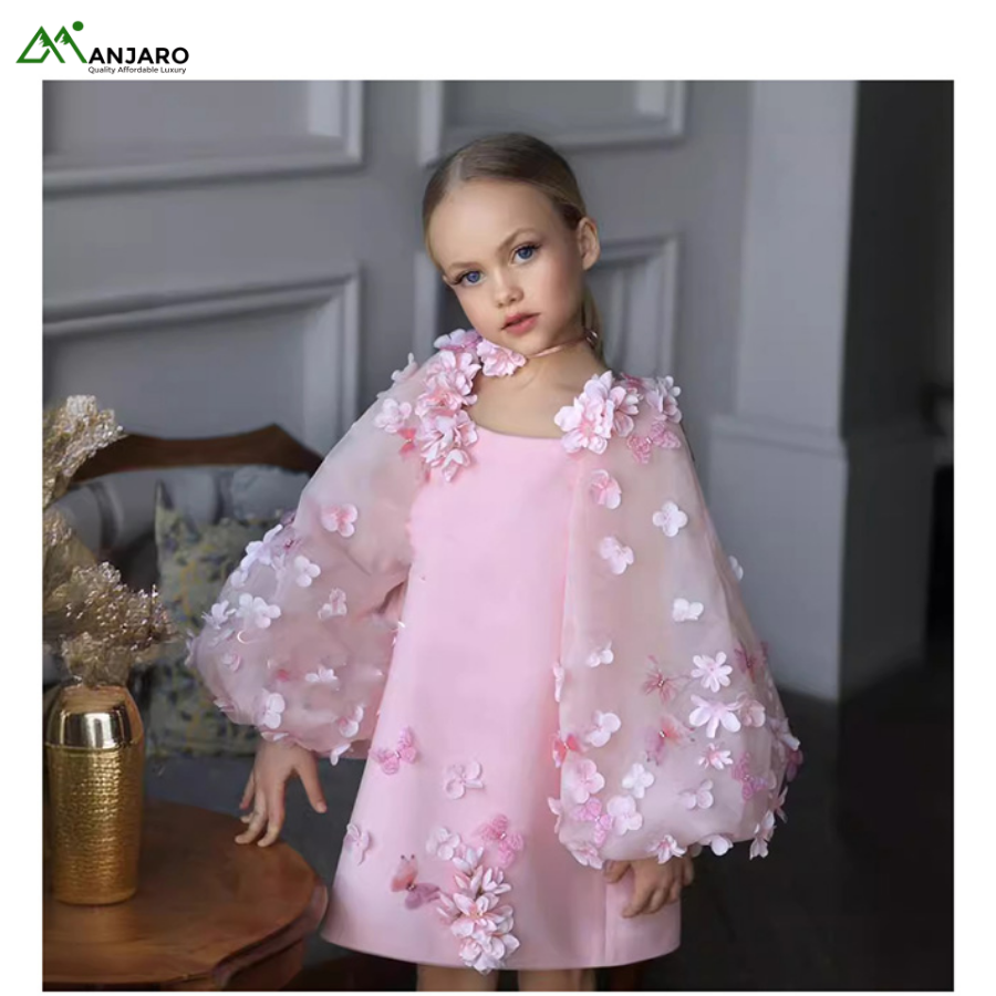 New Fashion A-line Floral Applique Haute Couture Latest Design Kids Clothes Long Puff Sleeves Birthday Party Flower Girl Dress(Shipping Fee Included)