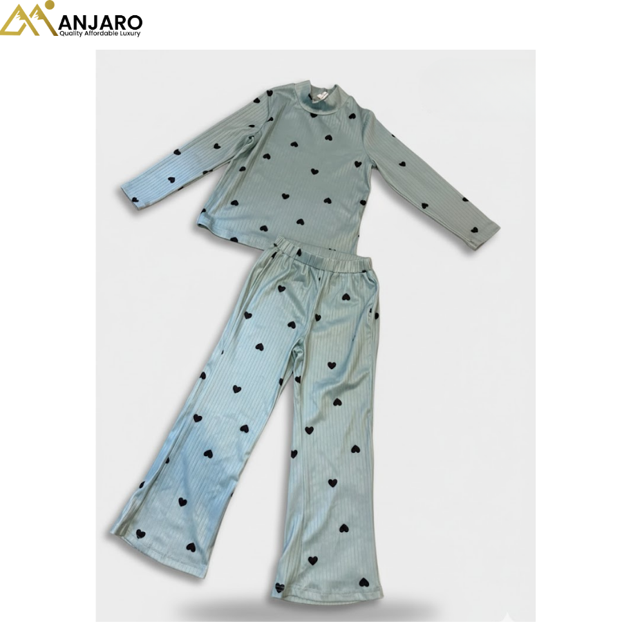 Girls Mint Green Heart Print Long Sleeve Top & Flared Pants Set – 2 Piece Outfit (Size 5–6 Years)